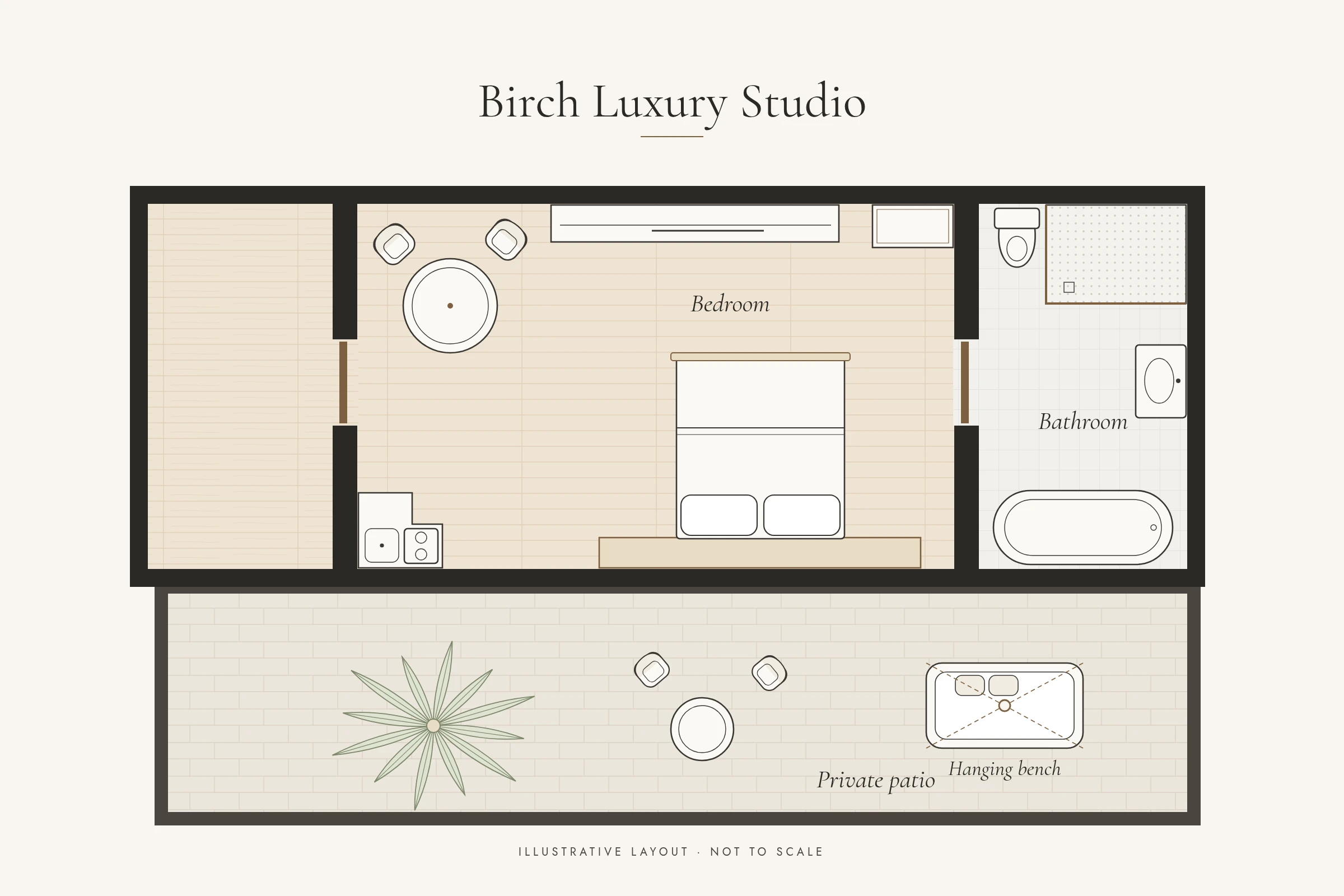 Floor plan of Birch Luxury Studio. Top row, from left to right: a room shown empty; an internal doorway into the bedroom, which has two chairs and a round table at the top left, a long sideboard and a cabinet along the top wall, a kitchenette unit with a sink and hob at the bottom left and a double bed with its headboard against the bottom wall; then an internal doorway into the bathroom, with a toilet and a shower at the top, a basin on the right wall and a bath at the bottom. Below the rooms is a private patio with a palm, a bistro table with two chairs and a hanging bench. Illustrative, not to scale.