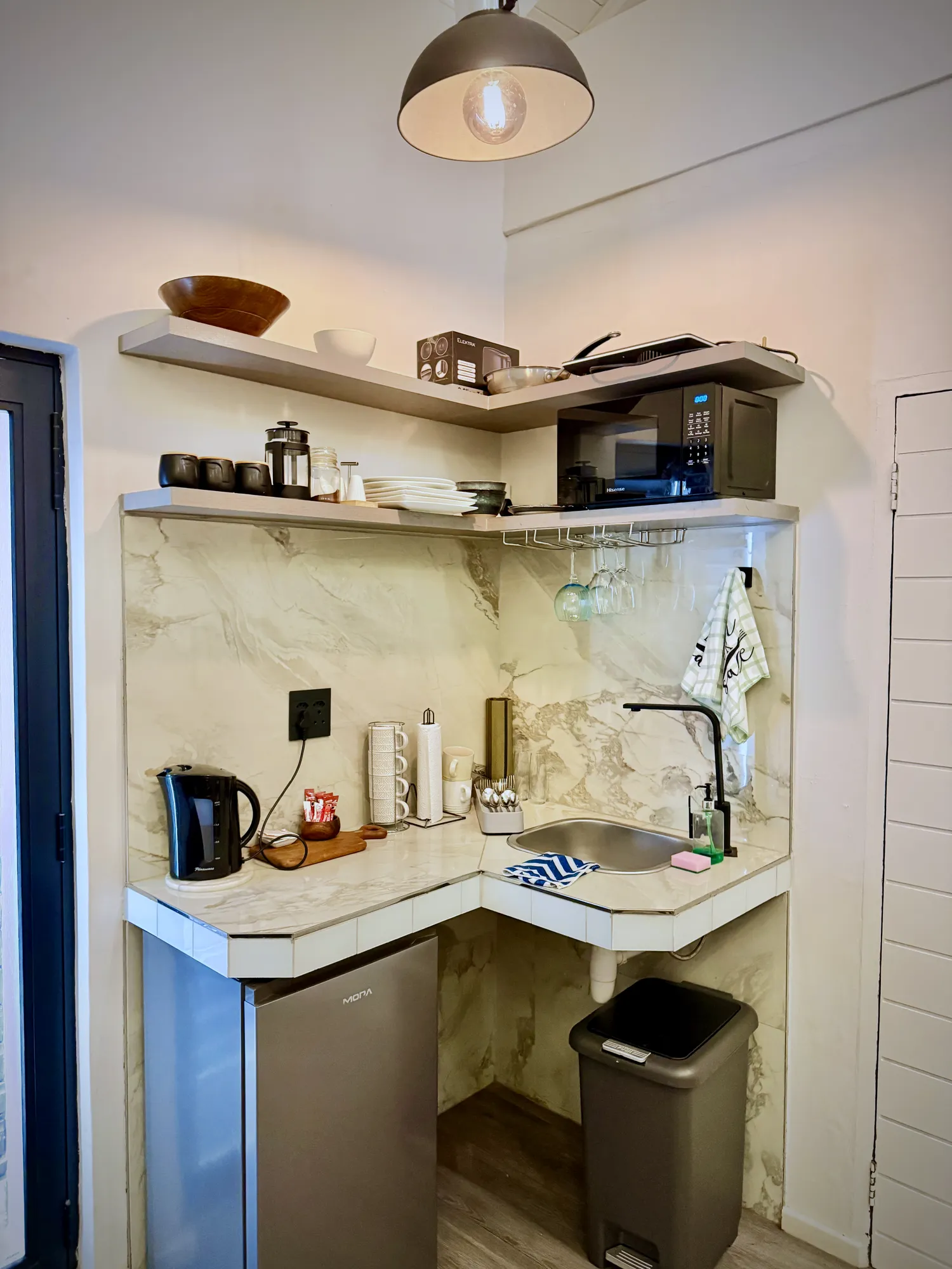 Birch Luxury Studio kitchenette with kettle, coffee and open shelving