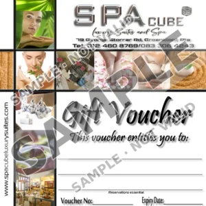 Sample of the Spacube gift voucher design (marked SAMPLE, not valid)